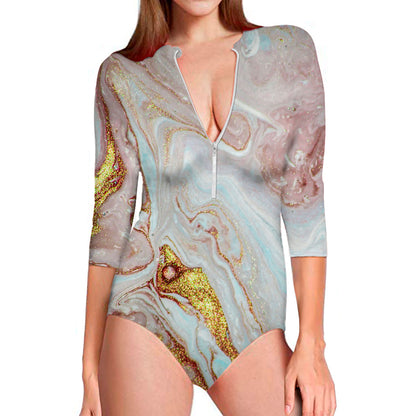 Pink Gold Liquid Marble Print Long Sleeve Swimsuit