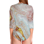 Pink Gold Liquid Marble Print Long Sleeve Swimsuit