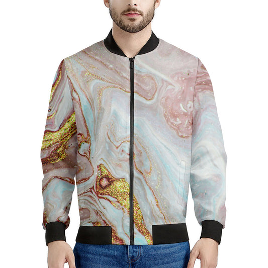 Pink Gold Liquid Marble Print Men's Bomber Jacket