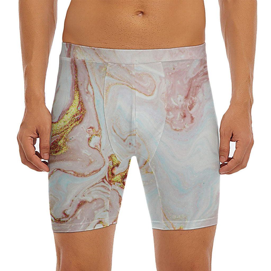 Pink Gold Liquid Marble Print Men's Long Boxer Briefs