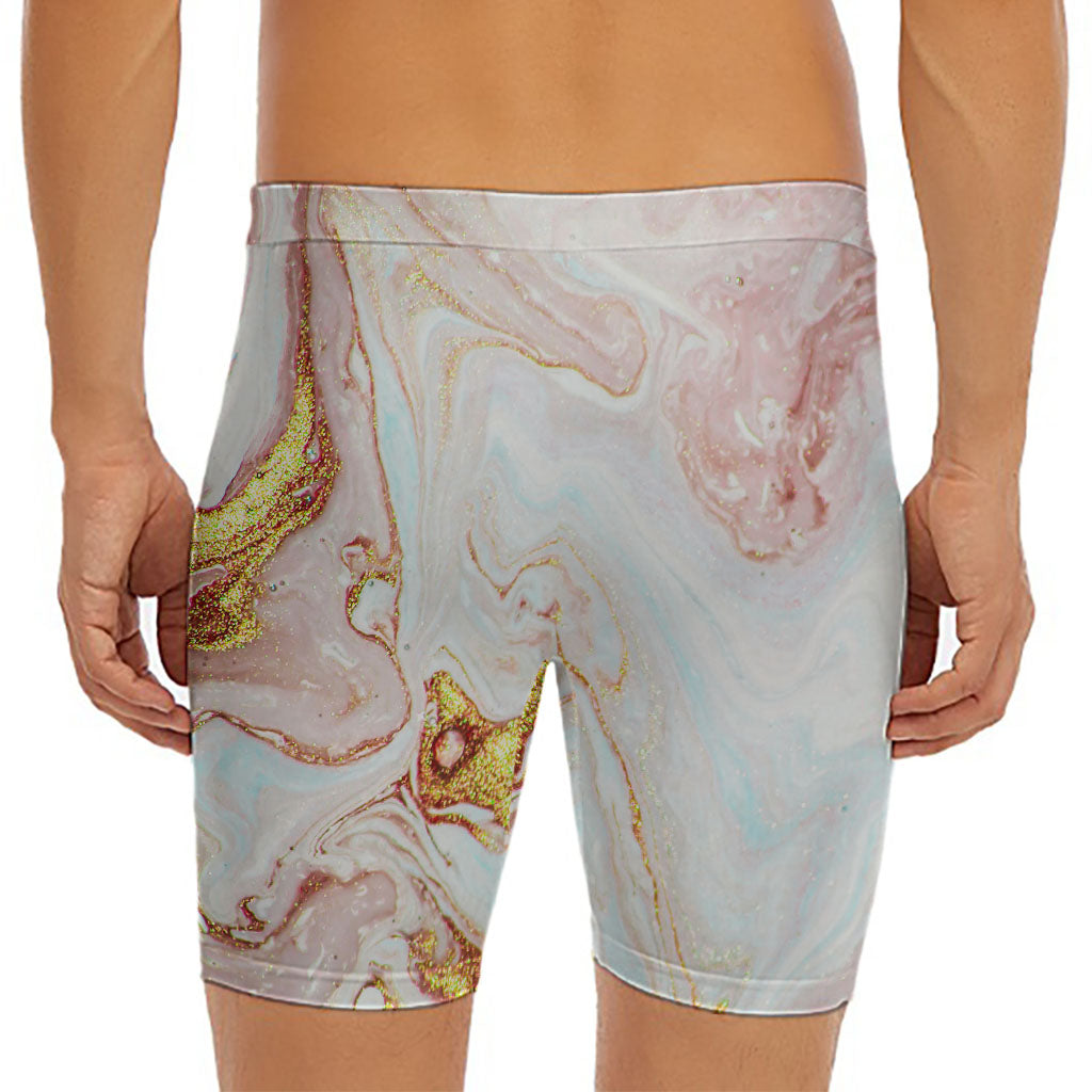 Pink Gold Liquid Marble Print Men's Long Boxer Briefs