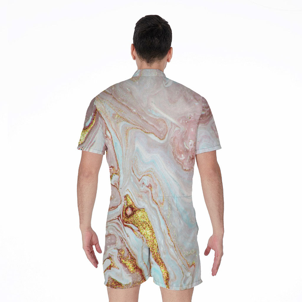 Pink Gold Liquid Marble Print Men's Rompers