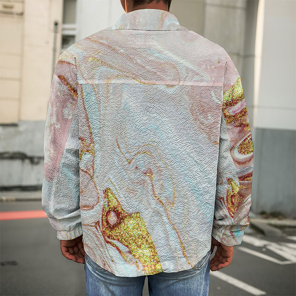 Pink Gold Liquid Marble Print Men's Shirt Jacket
