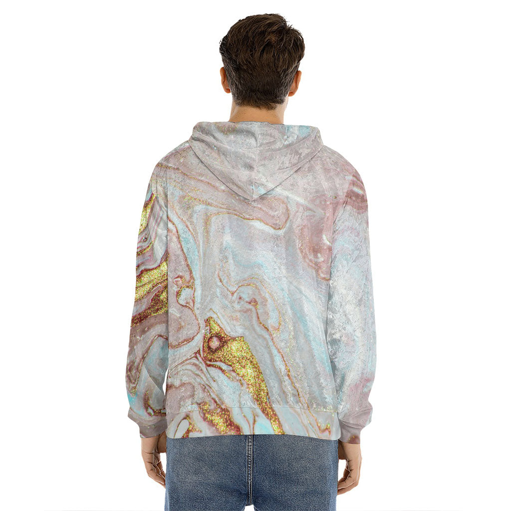 Pink Gold Liquid Marble Print Men's Velvet Pullover Hoodie