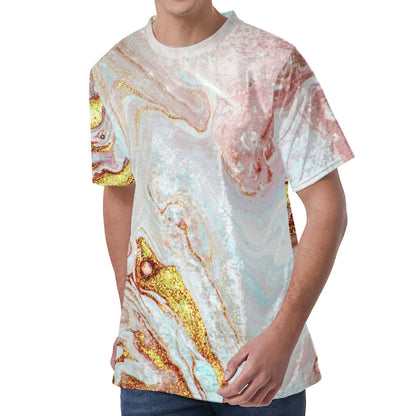 Pink Gold Liquid Marble Print Men's Velvet T-Shirt