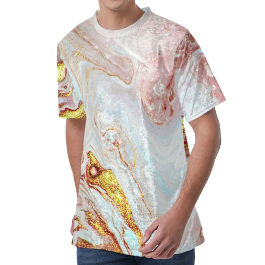 Pink Gold Liquid Marble Print Men's Velvet T-Shirt