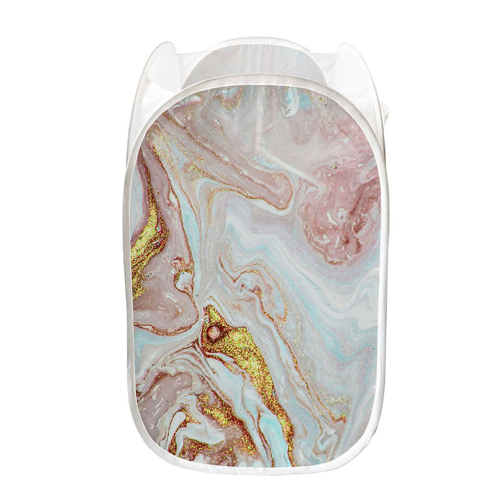 Pink Gold Liquid Marble Print Mesh Laundry Hamper