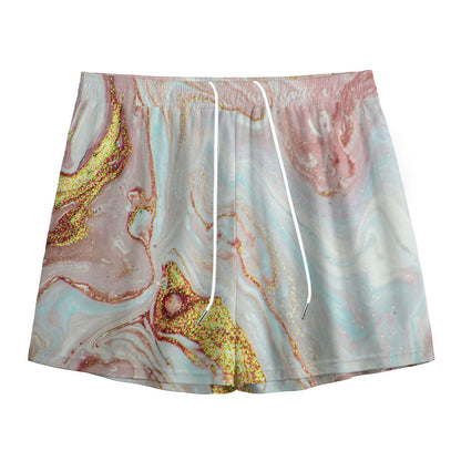 Pink Gold Liquid Marble Print Mesh Shorts