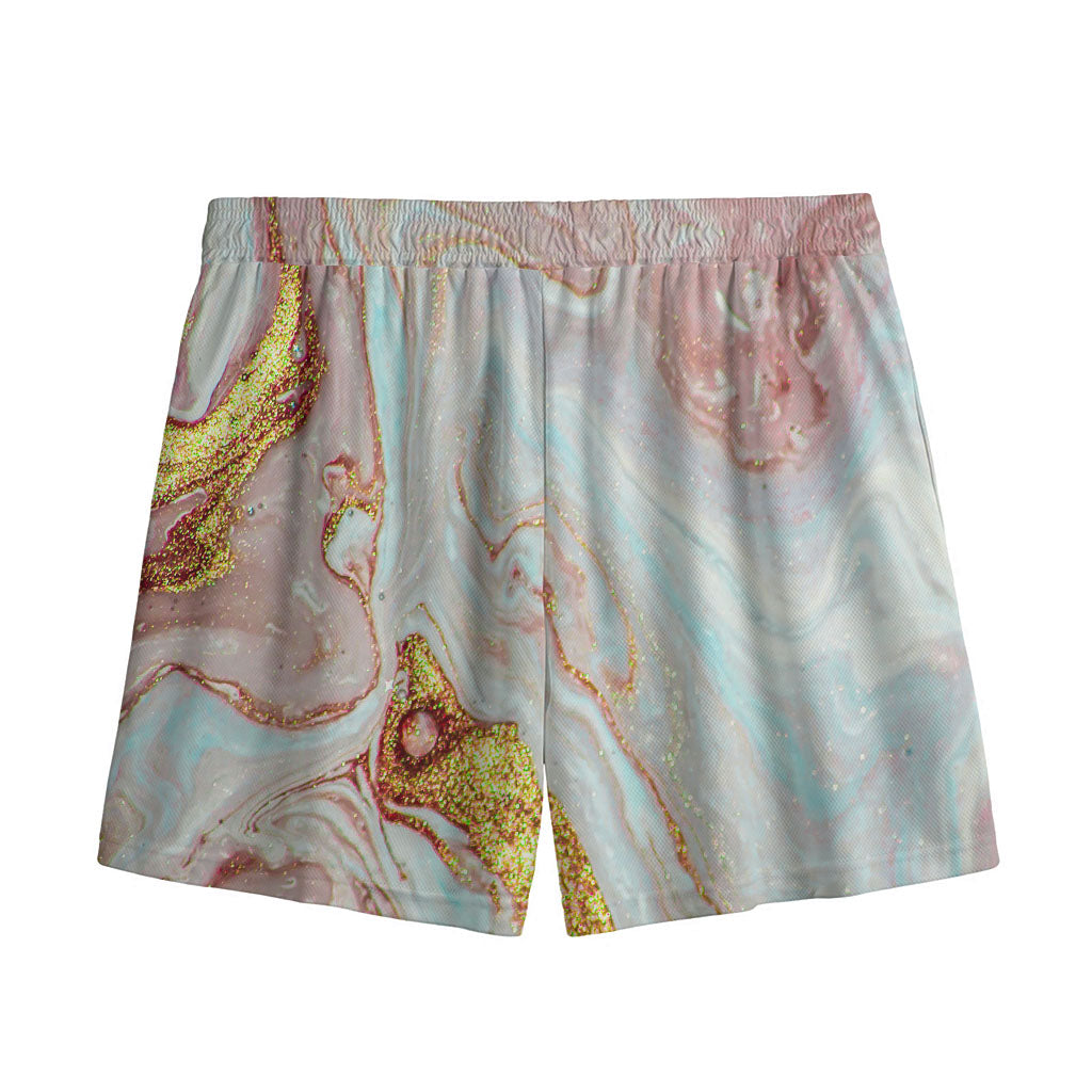 Pink Gold Liquid Marble Print Mesh Shorts
