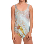 Pink Gold Liquid Marble Print One Piece Swimsuit