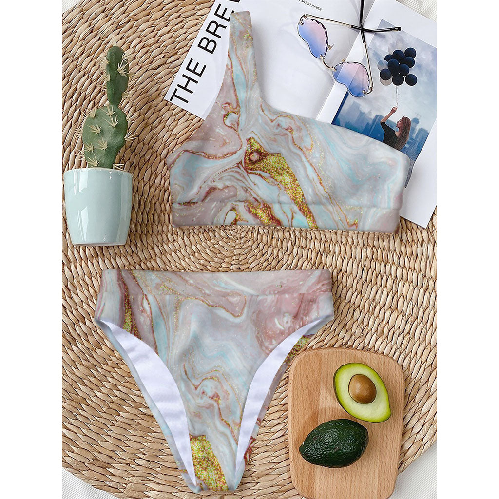 Pink Gold Liquid Marble Print One Shoulder Bikini Top