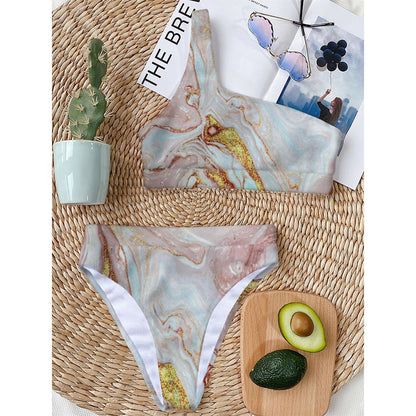 Pink Gold Liquid Marble Print One Shoulder Bikini Top