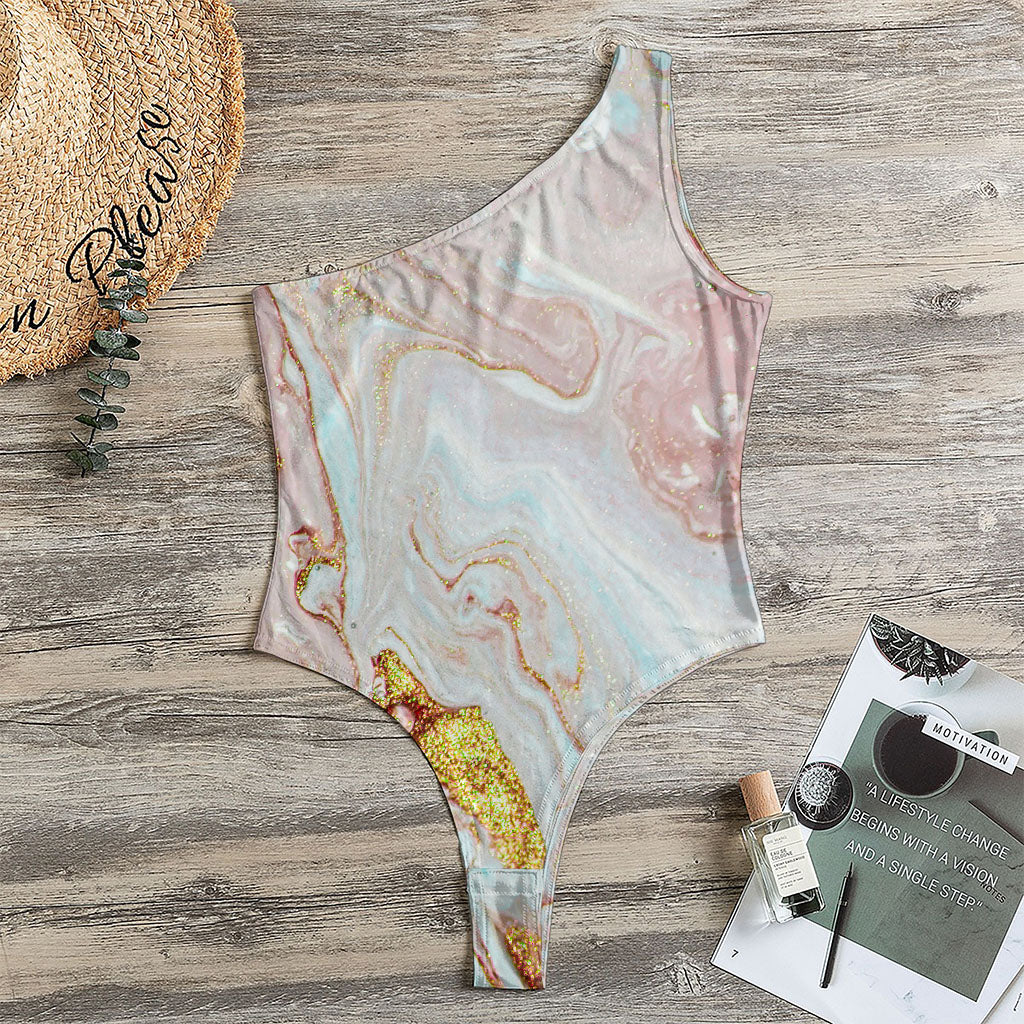 Pink Gold Liquid Marble Print One Shoulder Bodysuit