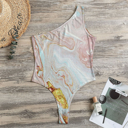 Pink Gold Liquid Marble Print One Shoulder Bodysuit