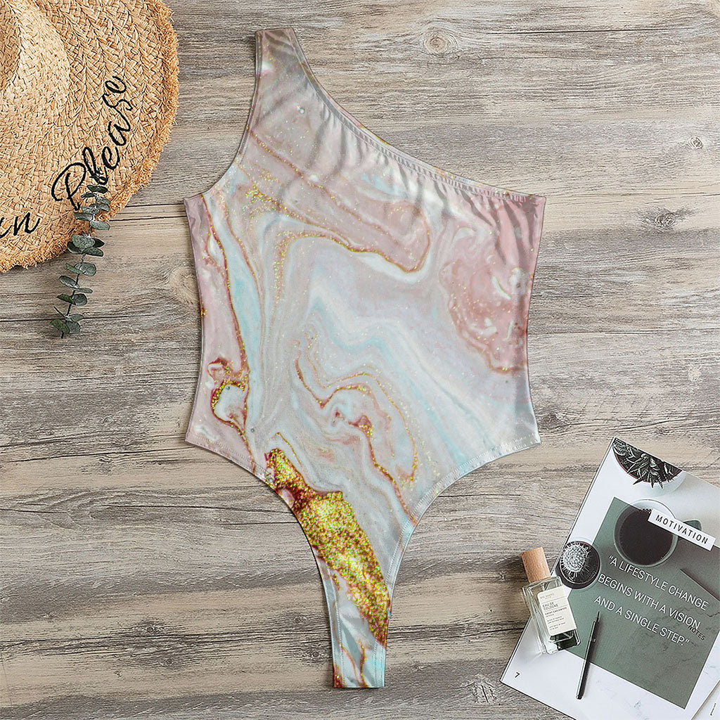Pink Gold Liquid Marble Print One Shoulder Bodysuit