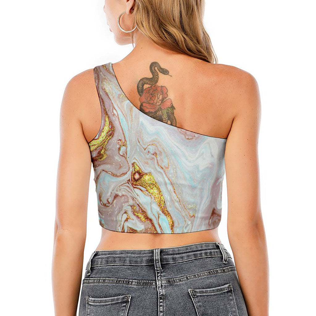 Pink Gold Liquid Marble Print One Shoulder Crop Top