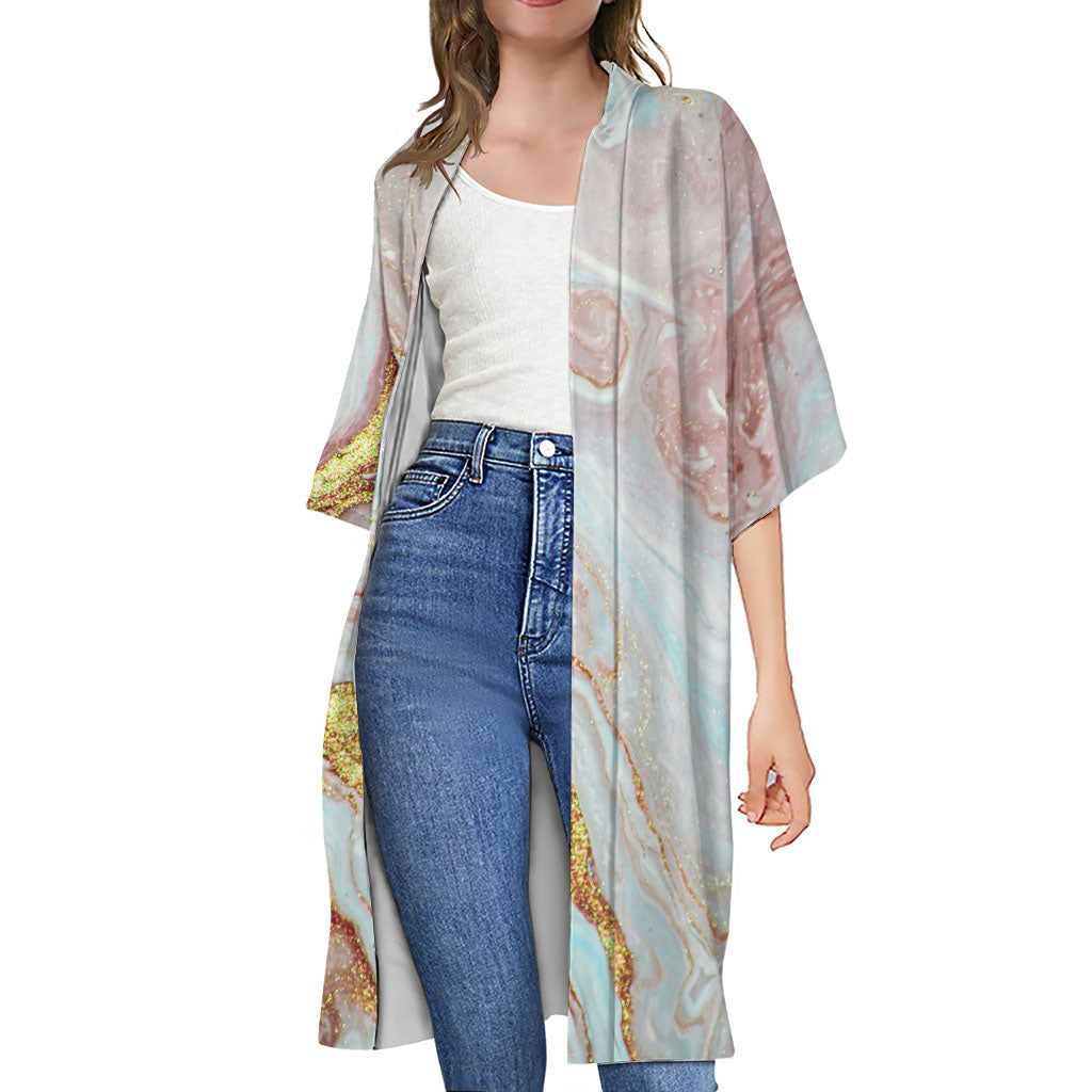 Pink Gold Liquid Marble Print Open Front Beach Cover Up