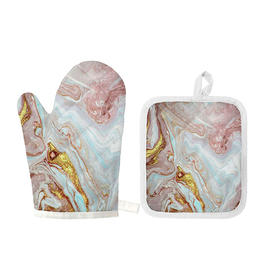 Pink Gold Liquid Marble Print Oven Mitt And Pot Holder Set