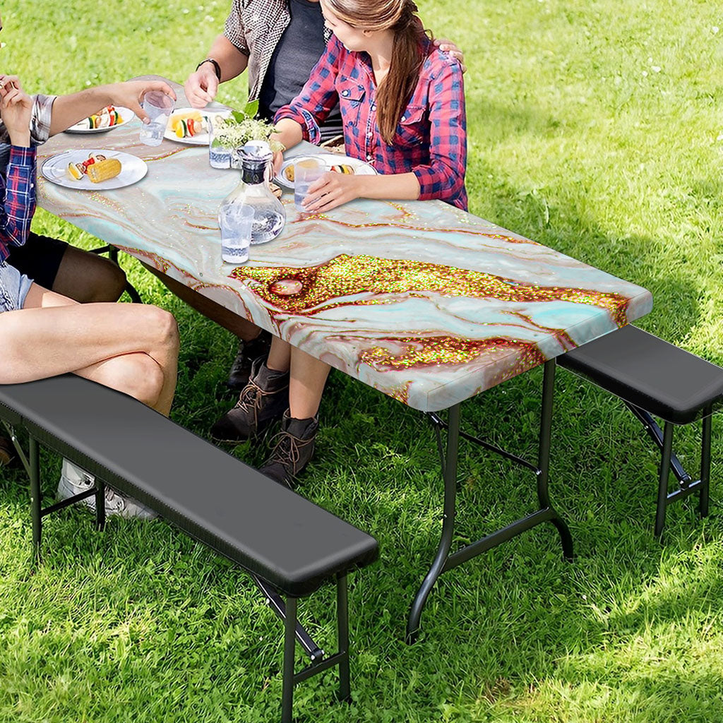 Pink Gold Liquid Marble Print Picnic Table Cover