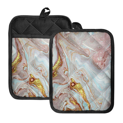 Pink Gold Liquid Marble Print Pot Holders With Pocket