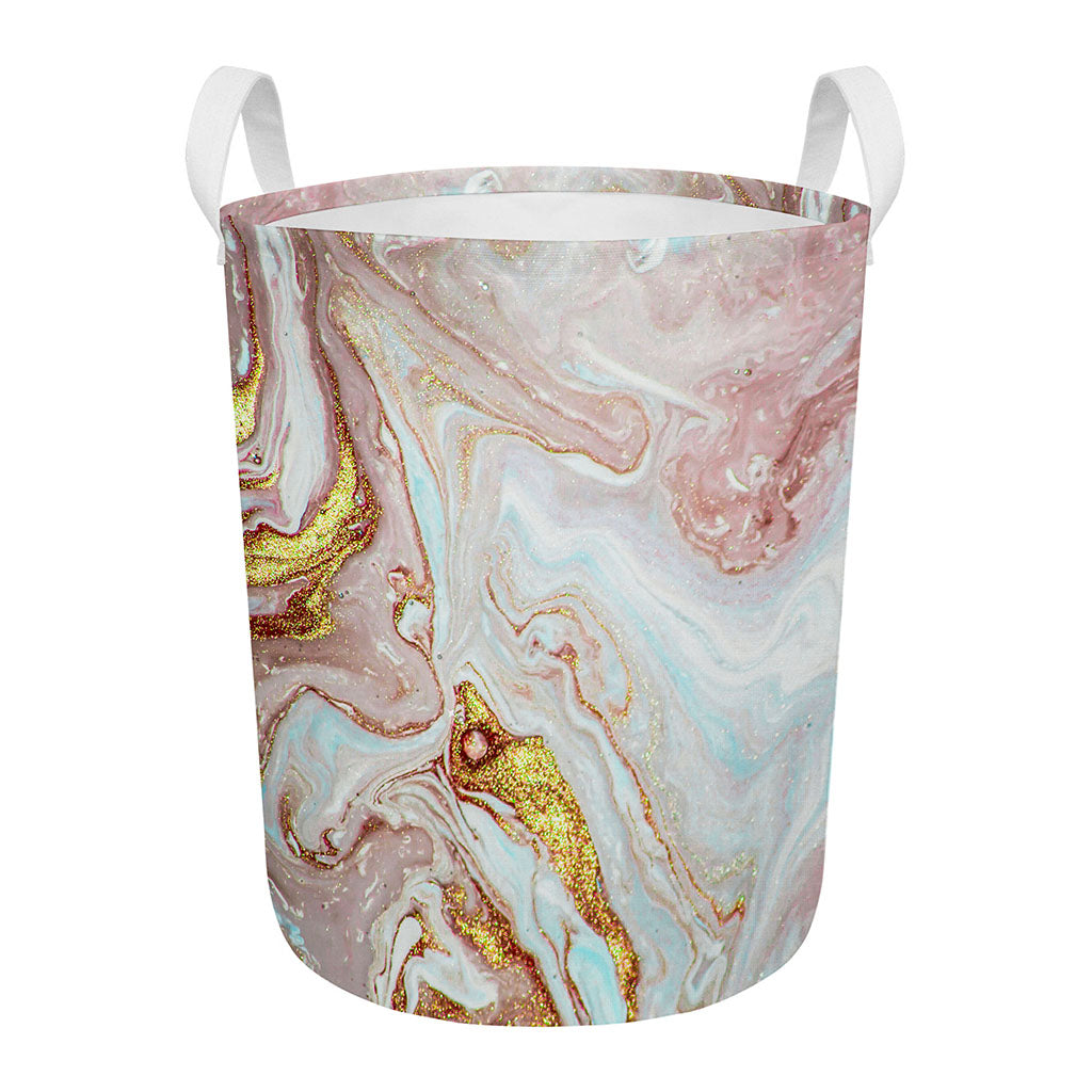 Pink Gold Liquid Marble Print Round Laundry Basket