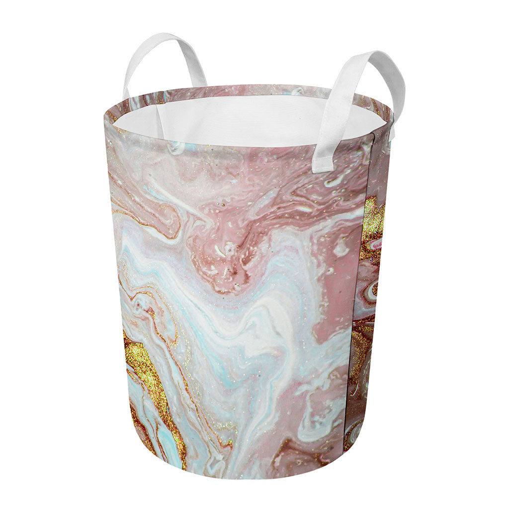 Pink Gold Liquid Marble Print Round Laundry Basket