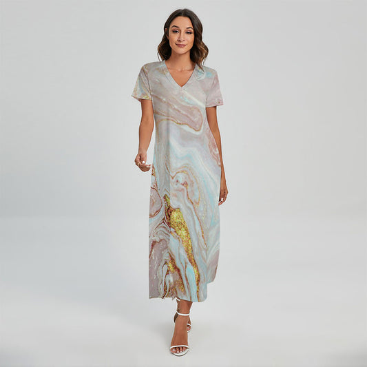 Pink Gold Liquid Marble Print Short Sleeve Maxi Dress