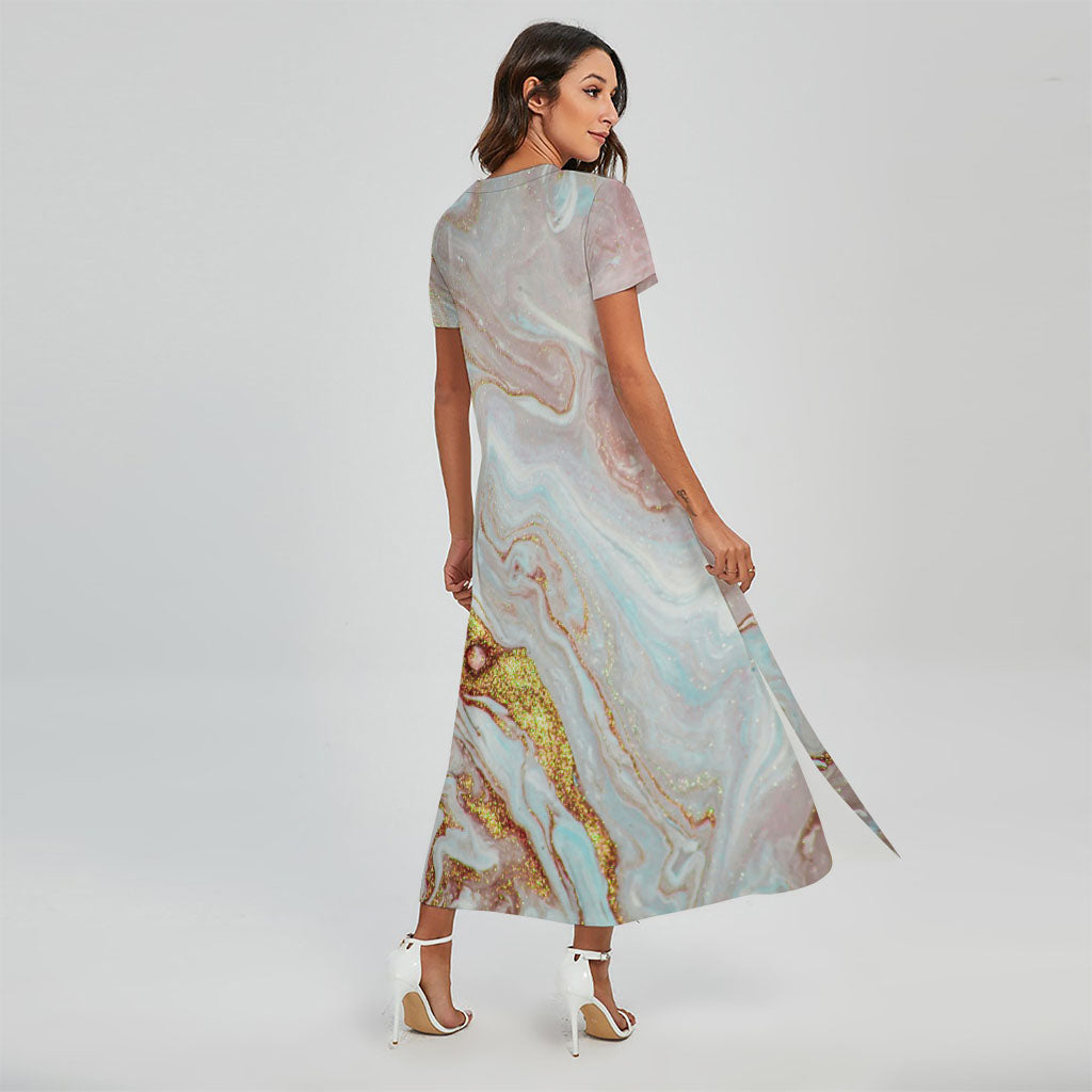 Pink Gold Liquid Marble Print Short Sleeve Maxi Dress