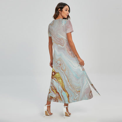 Pink Gold Liquid Marble Print Short Sleeve Maxi Dress