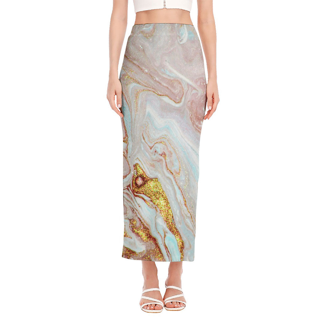 Pink Gold Liquid Marble Print Side Slit Maxi Skirt