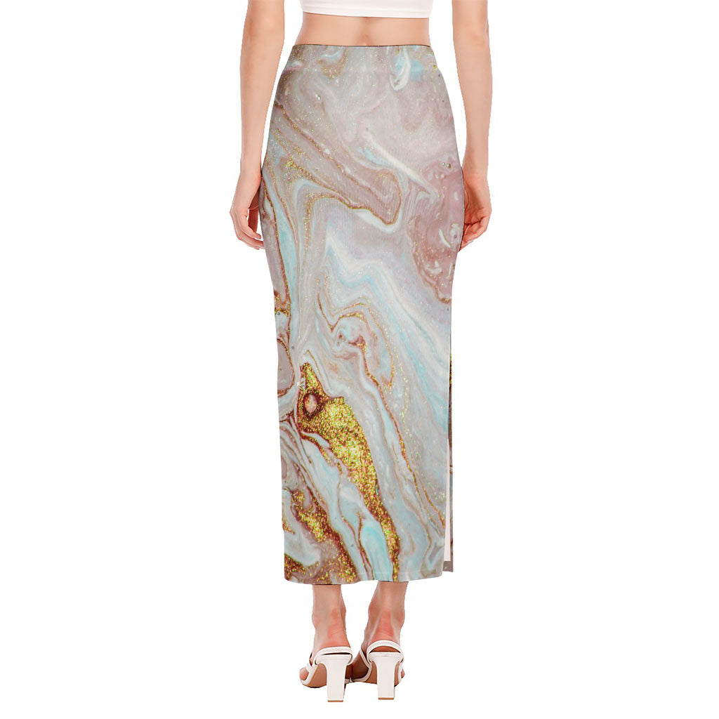 Pink Gold Liquid Marble Print Side Slit Maxi Skirt