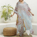 Pink Gold Liquid Marble Print Silk V-Neck Kaftan Dress
