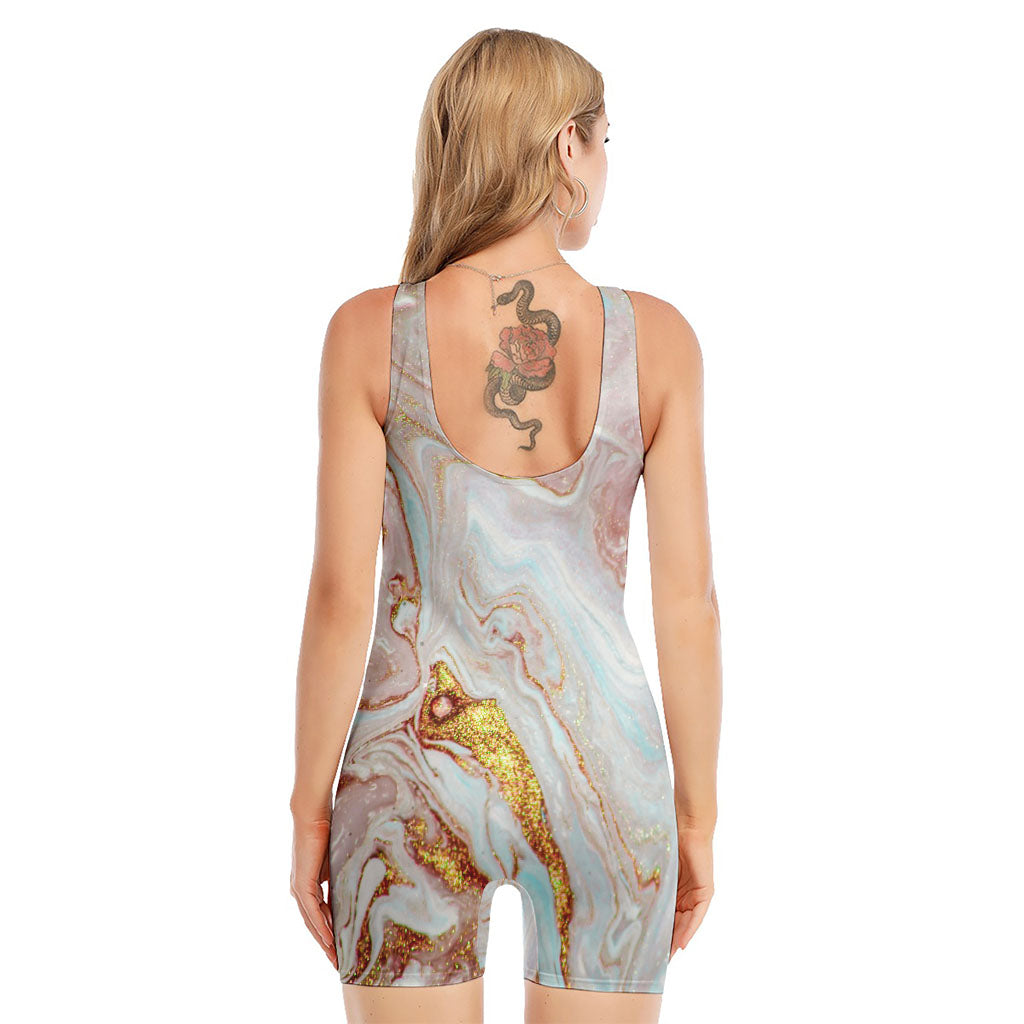 Pink Gold Liquid Marble Print Sleeveless One Piece Swimsuit