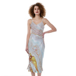 Pink Gold Liquid Marble Print Slim Fit Midi Cami Dress