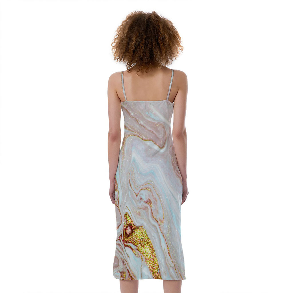 Pink Gold Liquid Marble Print Slim Fit Midi Cami Dress