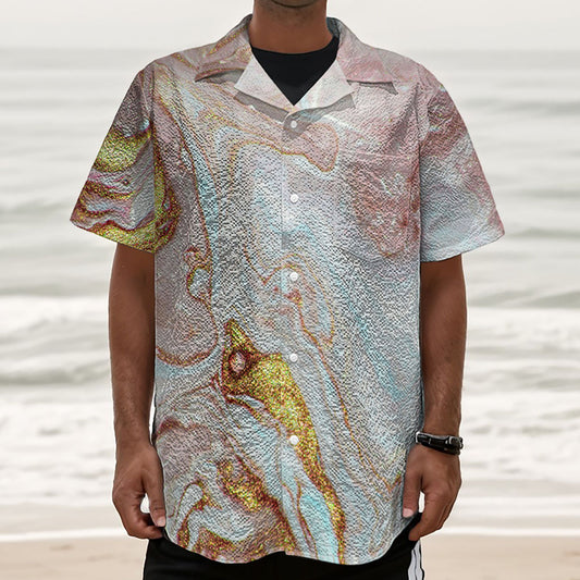 Pink Gold Liquid Marble Print Textured Short Sleeve Shirt