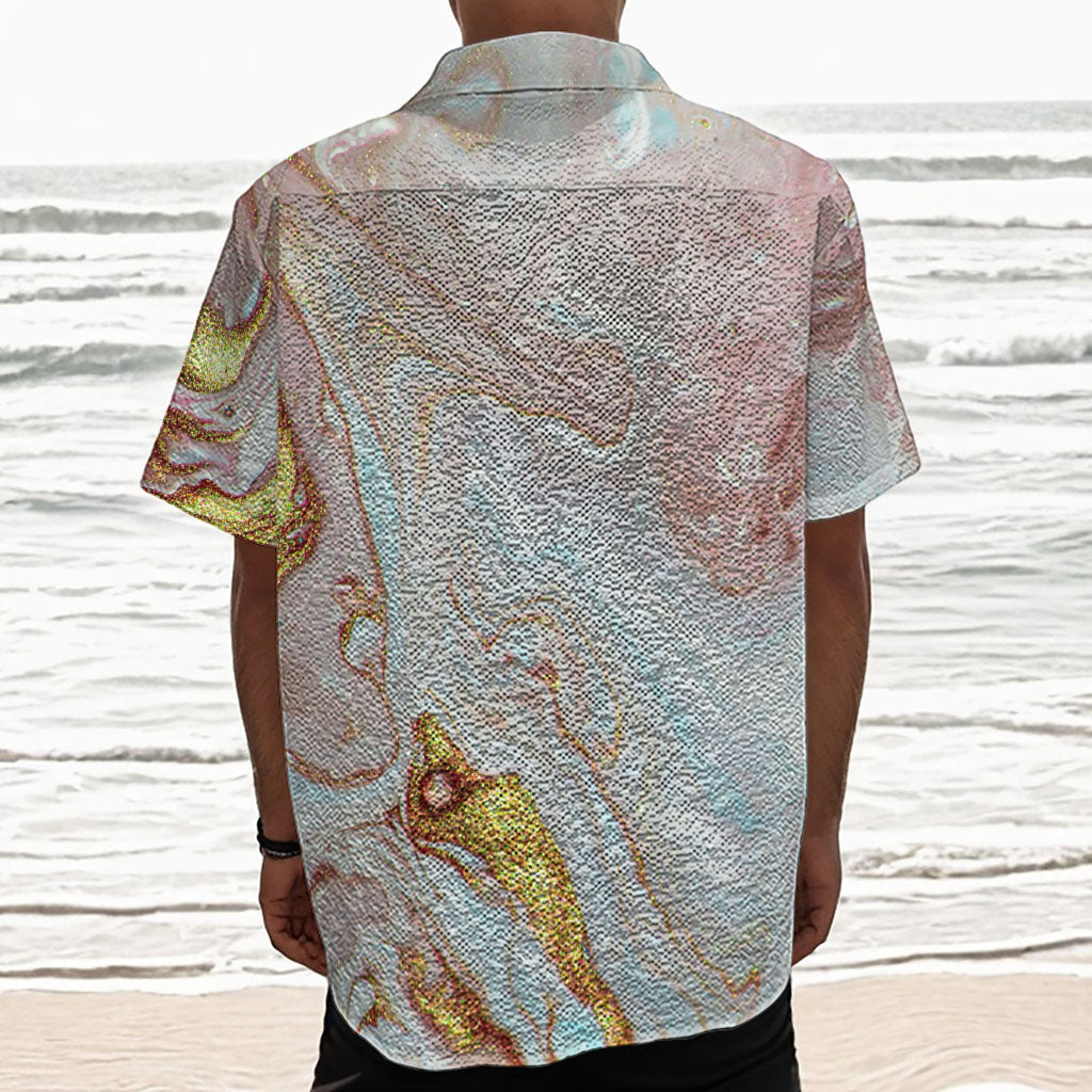 Pink Gold Liquid Marble Print Textured Short Sleeve Shirt