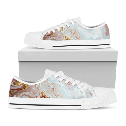 Pink Gold Liquid Marble Print White Low Top Sneakers