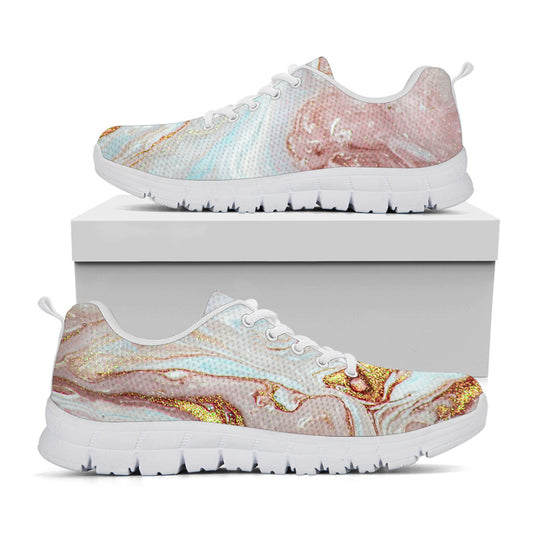 Pink Gold Liquid Marble Print White Running Shoes