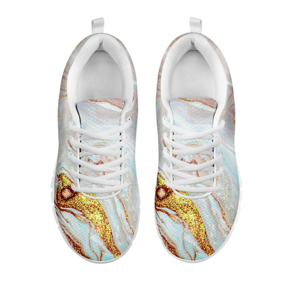 Pink Gold Liquid Marble Print White Running Shoes