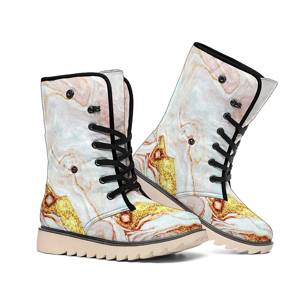 Pink Gold Liquid Marble Print Winter Boots