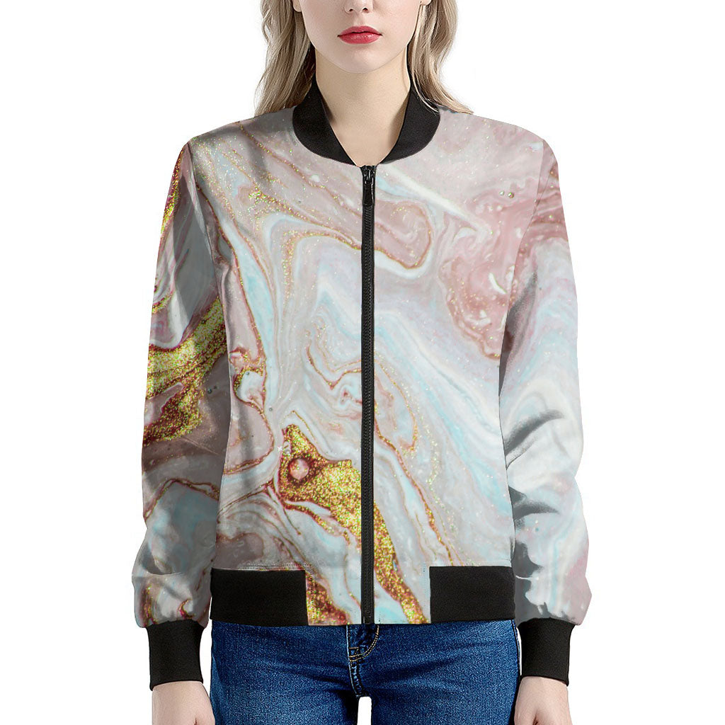 Pink Gold Liquid Marble Print Women's Bomber Jacket