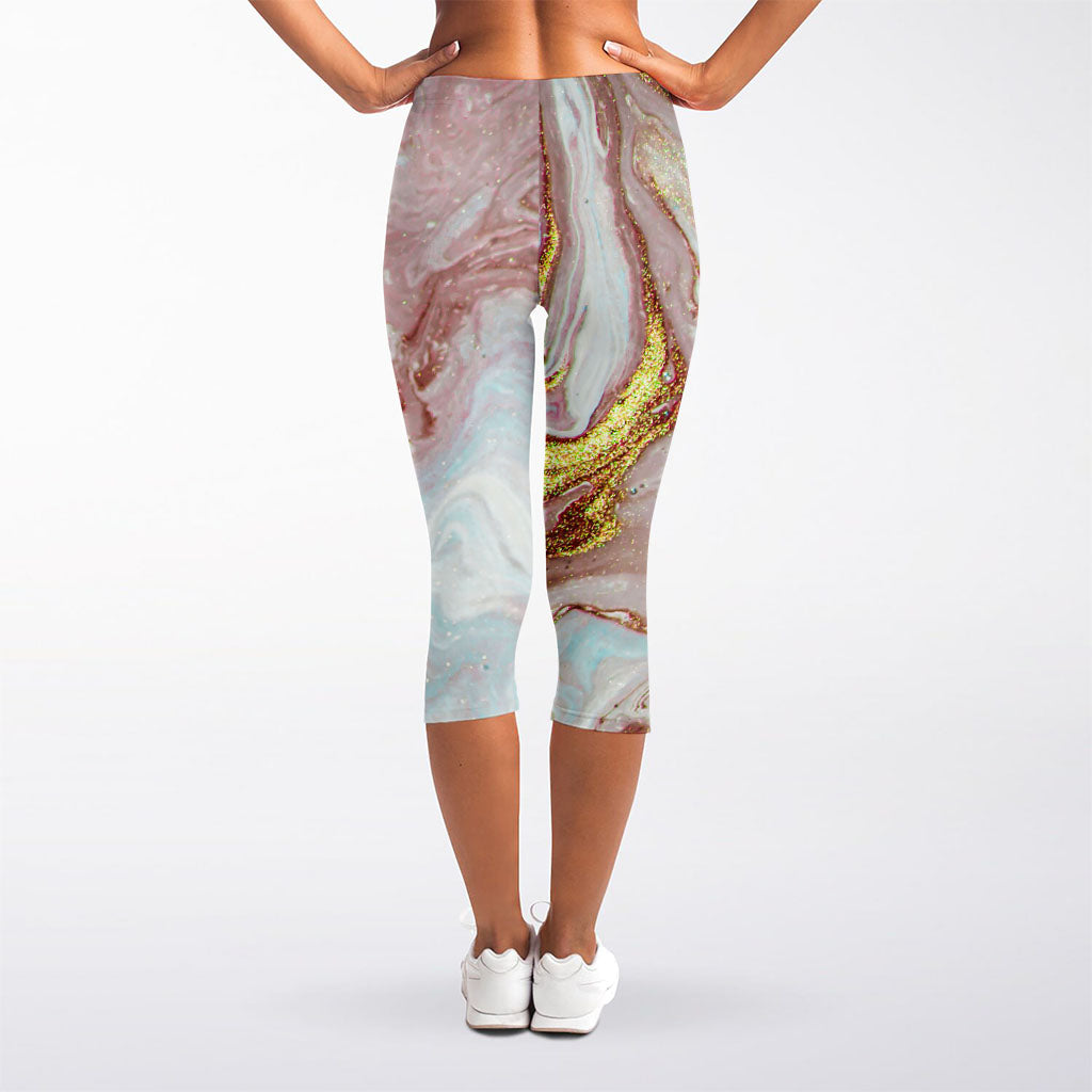 Pink Gold Liquid Marble Print Women's Capri Leggings