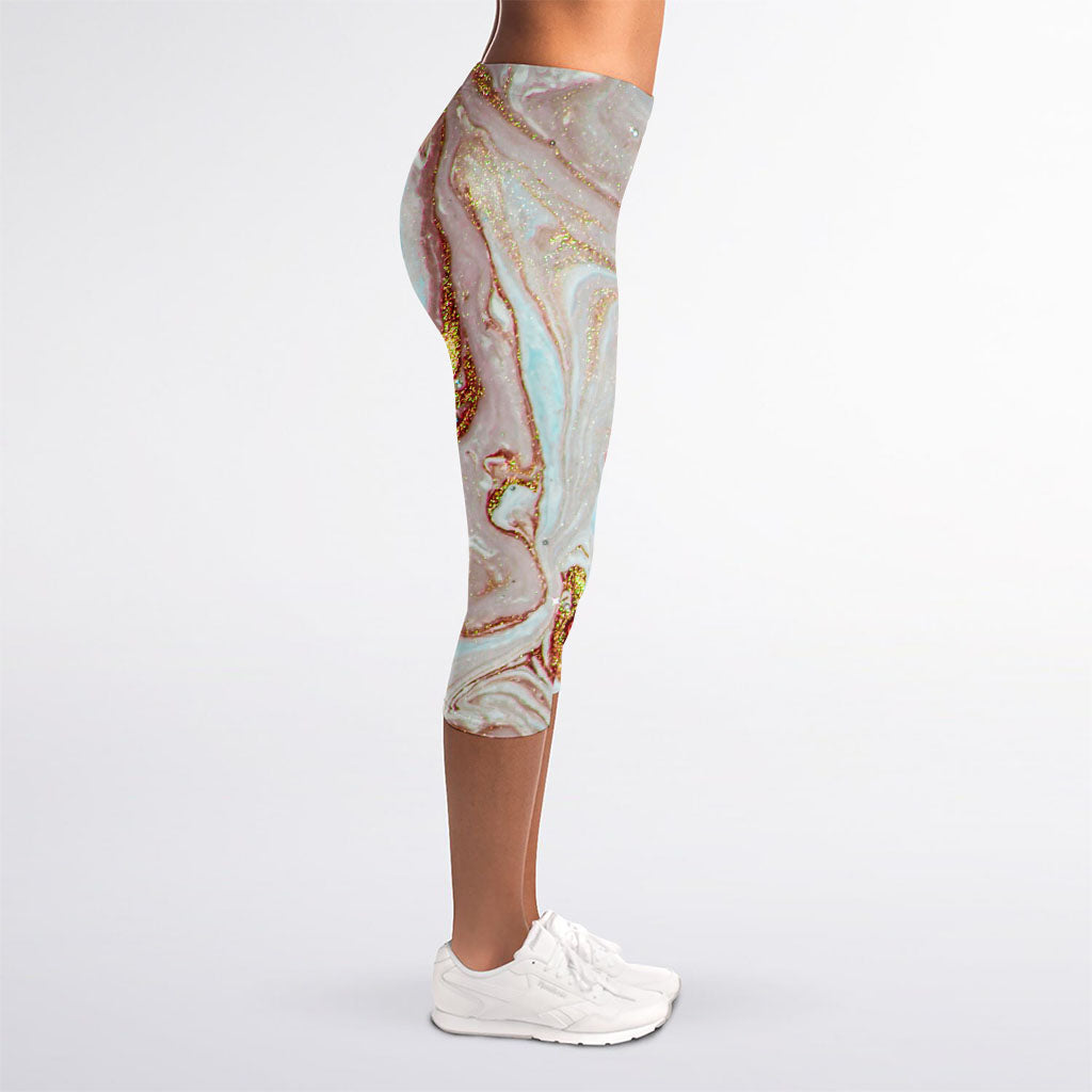 Pink Gold Liquid Marble Print Women's Capri Leggings