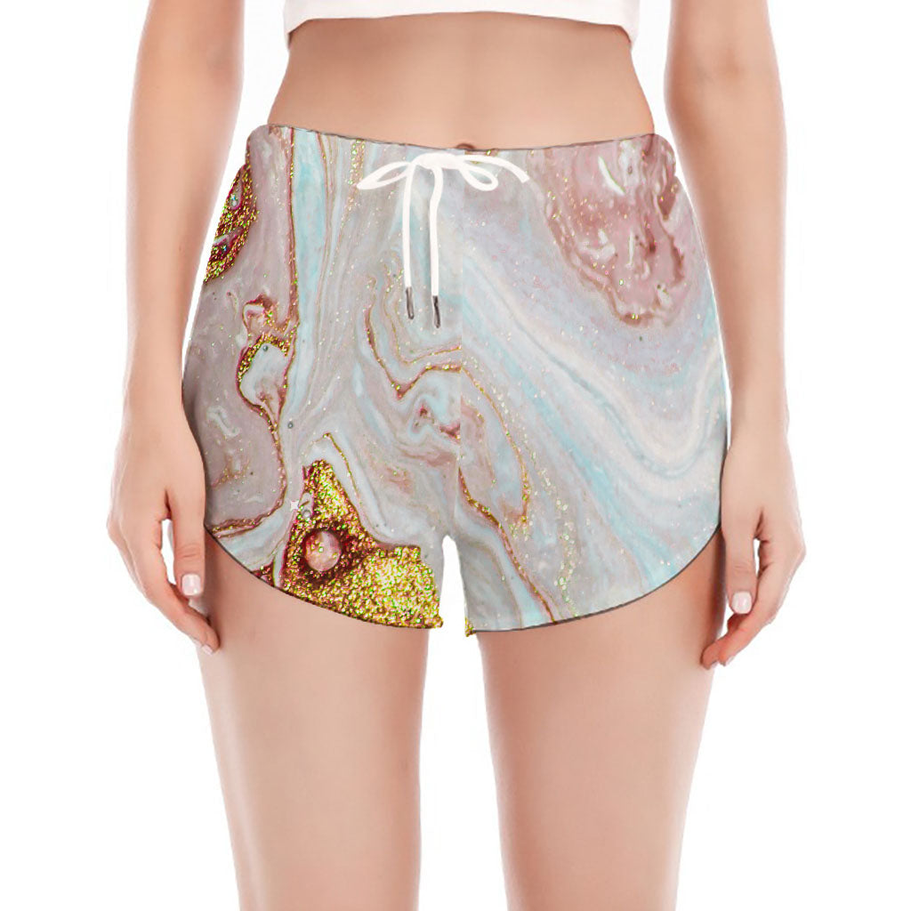 Pink Gold Liquid Marble Print Women's Split Running Shorts