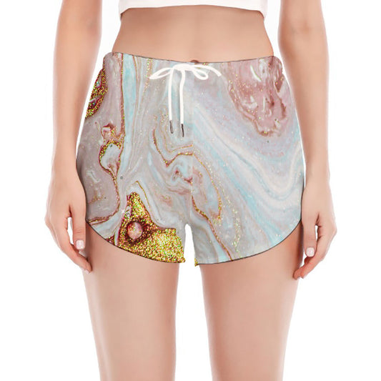 Pink Gold Liquid Marble Print Women's Split Running Shorts
