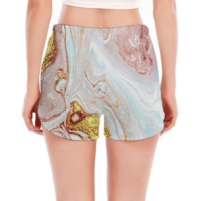 Pink Gold Liquid Marble Print Women's Split Running Shorts