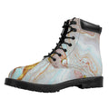 Pink Gold Liquid Marble Print Padded Collar Lace Up Boots