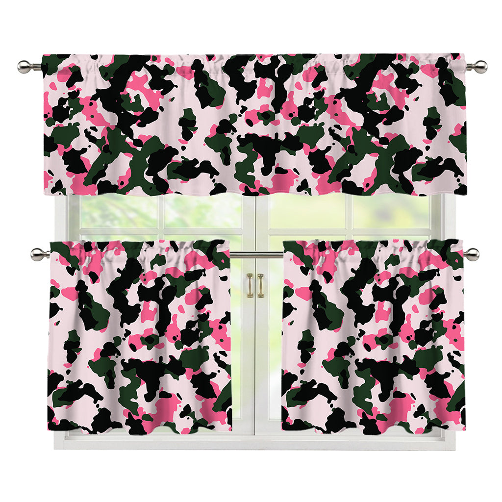 Pink Green And Black Camouflage Print 3 Piece Kitchen Curtains