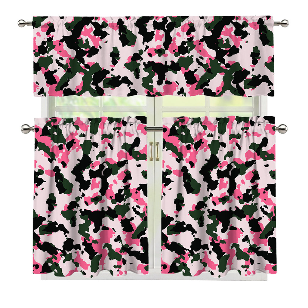 Pink Green And Black Camouflage Print 3 Piece Kitchen Curtains